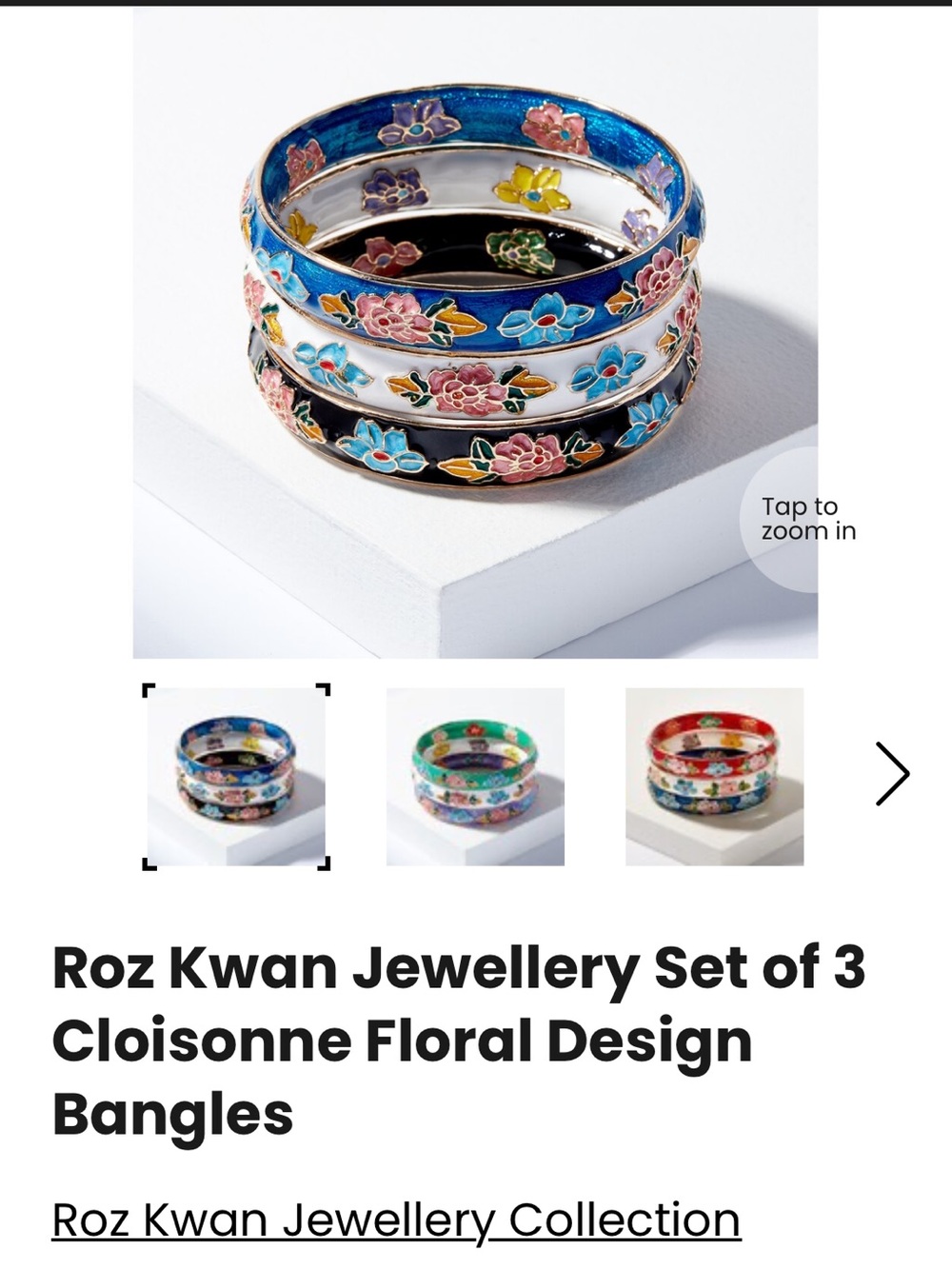 New in Box! Roz Kwan Set of 3 Cloisonné Floral Bangles – Blue, White, Black